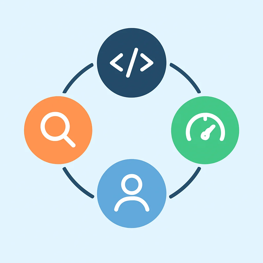 Diagrama que muestra la interconexión de HTML semántico, SEO, accesibilidad y rendimiento