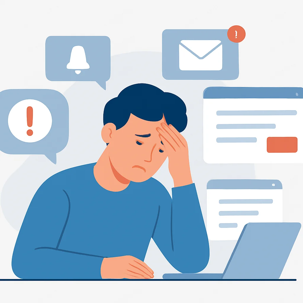 Ilustración de una persona abrumada por notificaciones y pantallas digitales