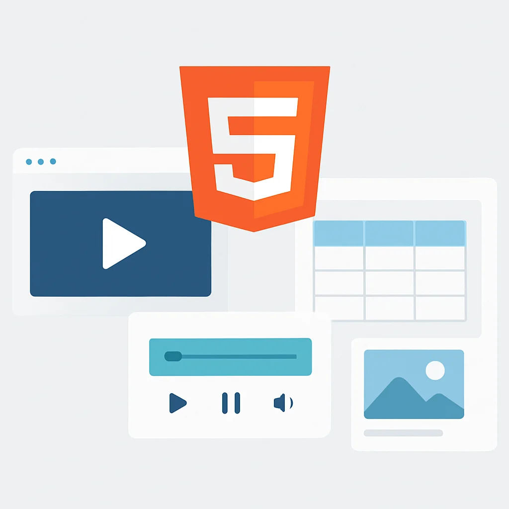 Ilustración de elementos semánticos HTML5 como video, audio, tabla y figura