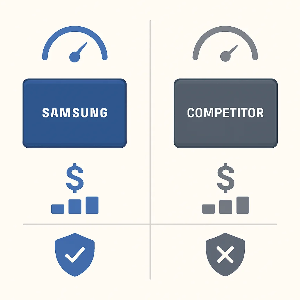 Infografía comparando el Samsung T9 (2026) con SSDs portátiles de la competencia en velocidad, precio y durabilidad.