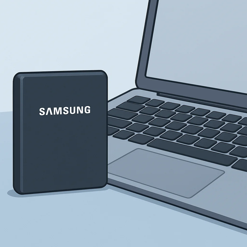 SSD portátil Samsung T9 (2026) junto a un portátil, destacando su tamaño compacto y diseño elegante.