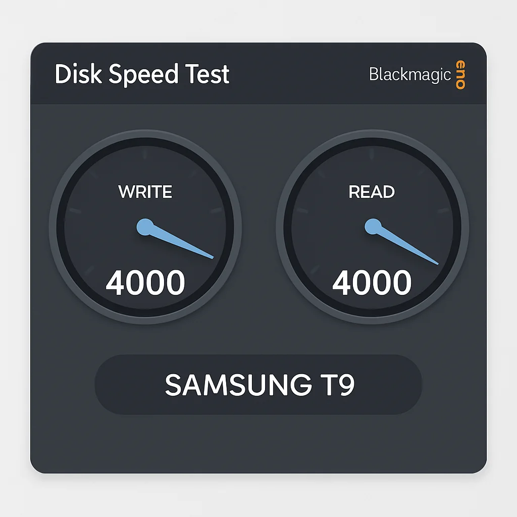 Captura de pantalla de los resultados de Blackmagic Disk Speed Test para Samsung T9 (2026) mostrando velocidades de lectura/escritura de 4000MB/s.