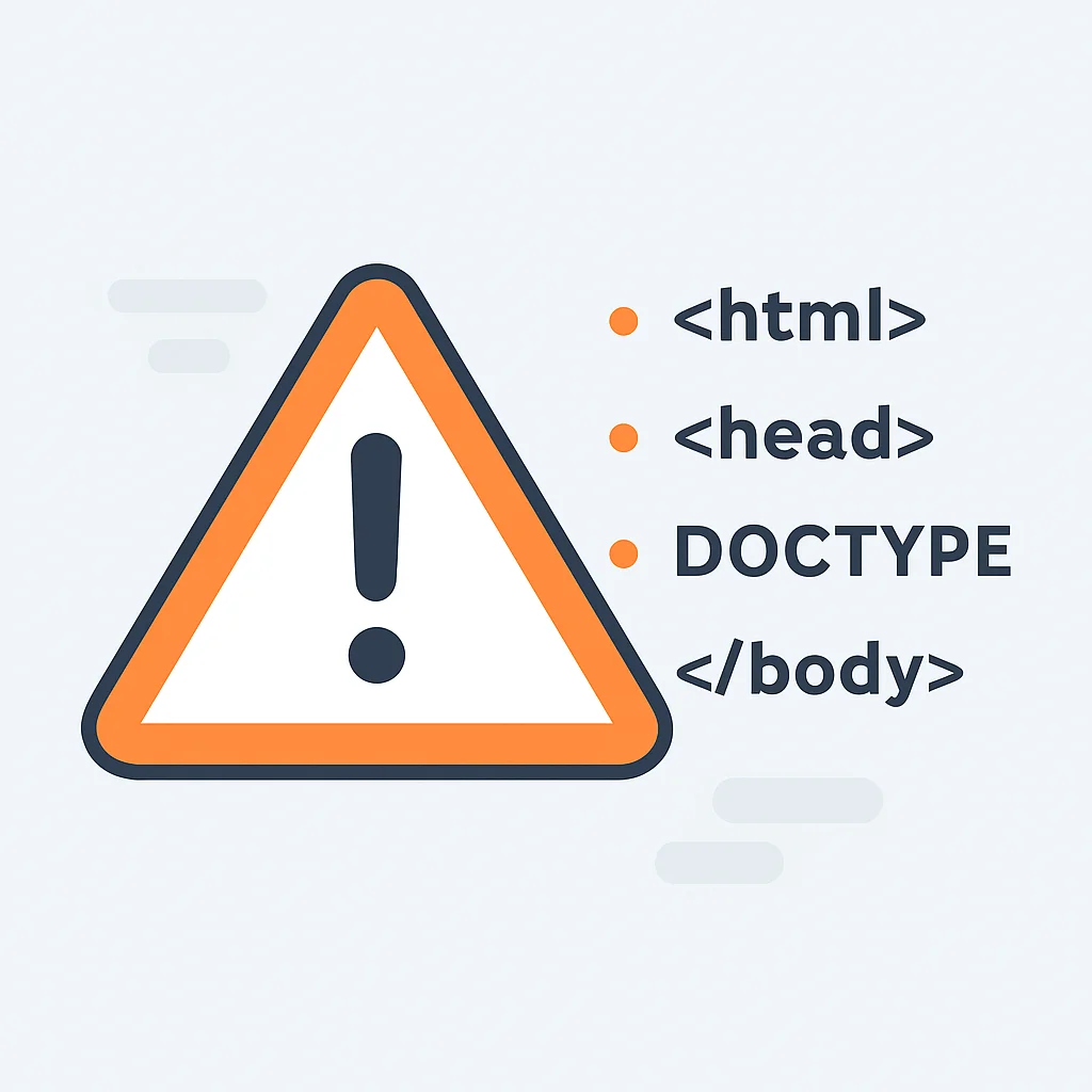 Ilustración de señal de advertencia con lista de errores comunes de HTML