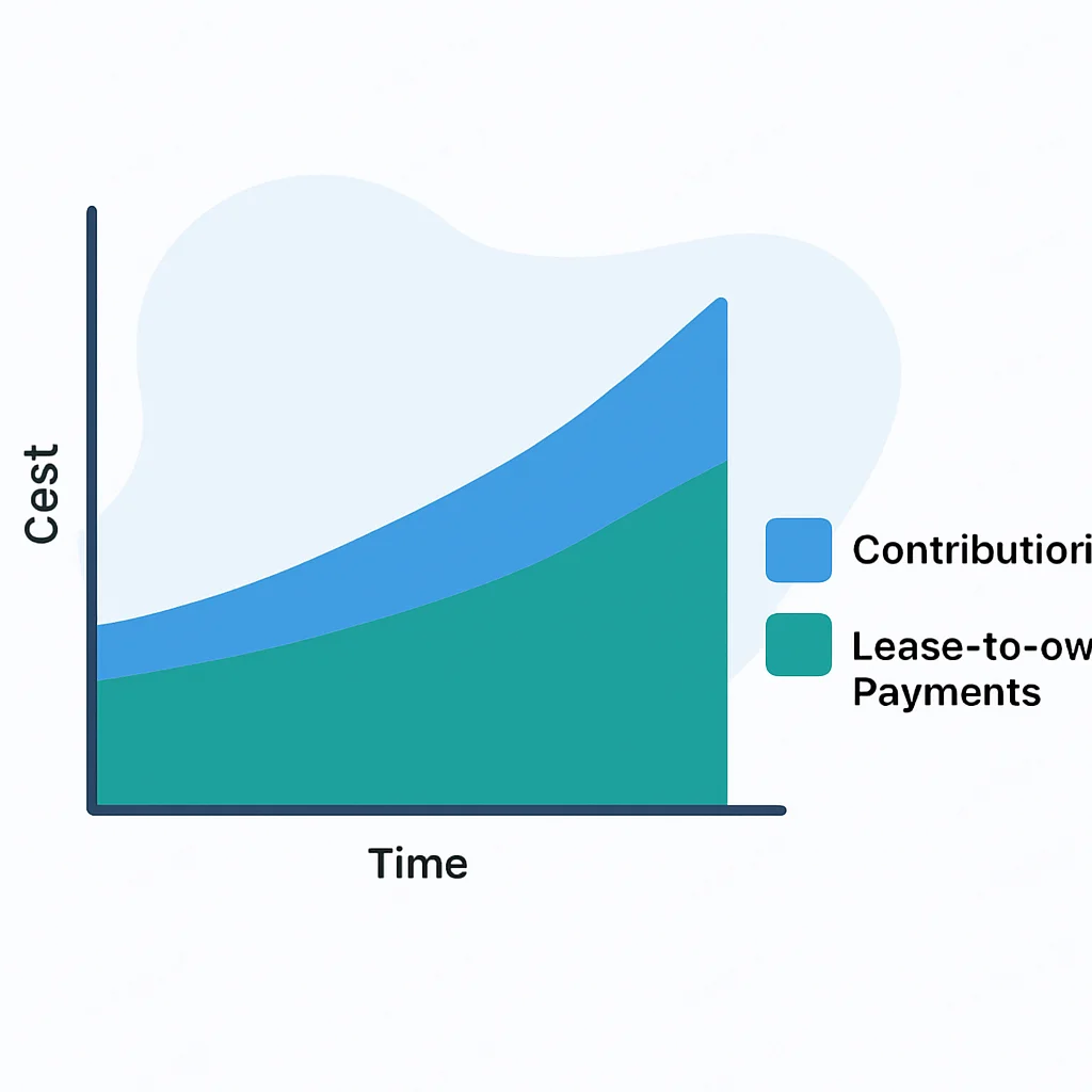 Gráfico financiero que muestra el desglose de costes y contribuciones en un contrato de arrendamiento con opción a compra a lo largo del tiempo.
