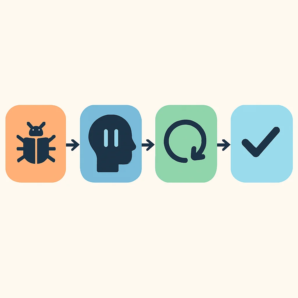 Diagrama de flujo mostrando un proceso de depuración consciente: encontrar error -> pausa consciente -> reevaluar -> resolver» width=»800″ height=»450″ loading=»lazy» decoding=»async» style=»width: 100%; height: auto; border: 1px solid #e9ecef;»></p><h2 style=