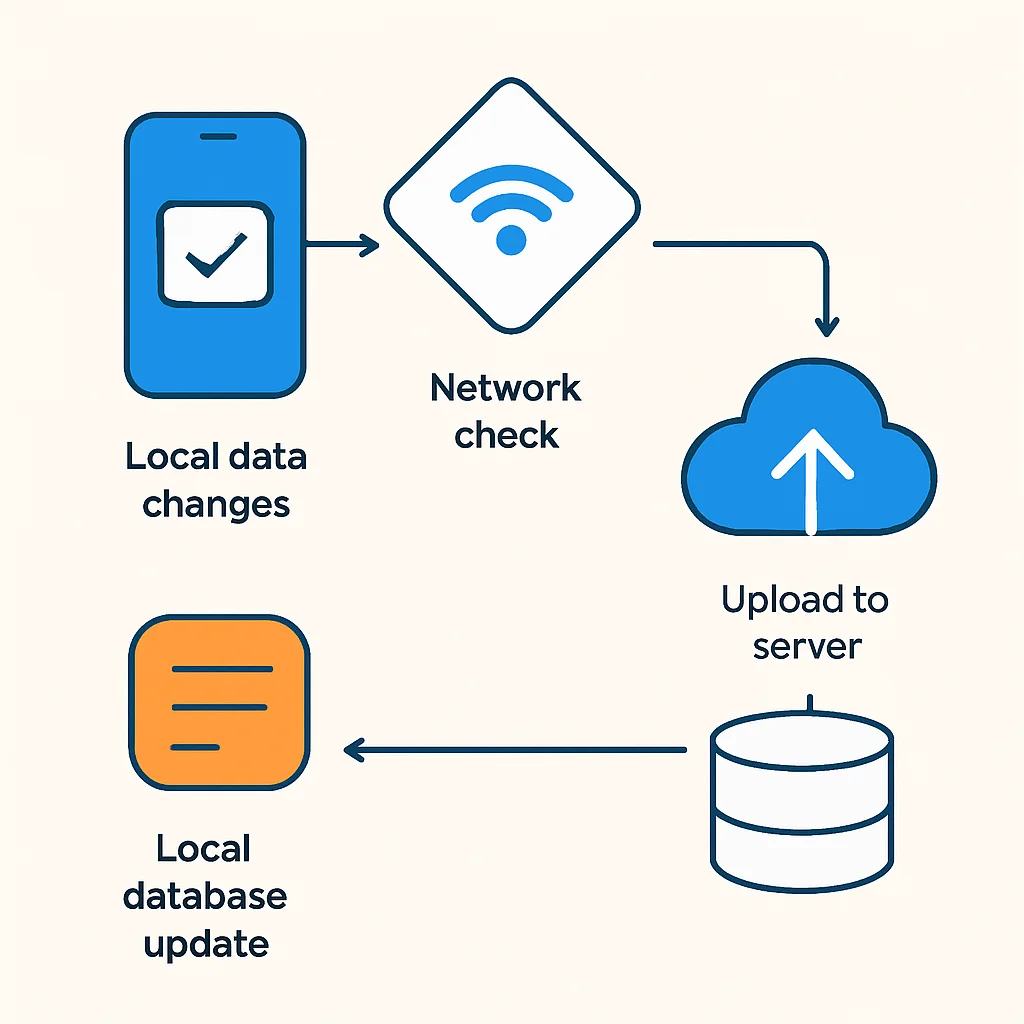 Diagrama de flujo de la lógica de sincronización offline de una aplicación móvil, incluyendo cambios locales, verificación de red, subida al servidor, descarga del servidor y actualización de la base de datos local