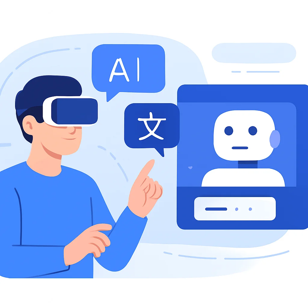 Ilustración futurista de una persona aprendiendo un idioma en un entorno de RV, con retroalimentación de IA superpuesta