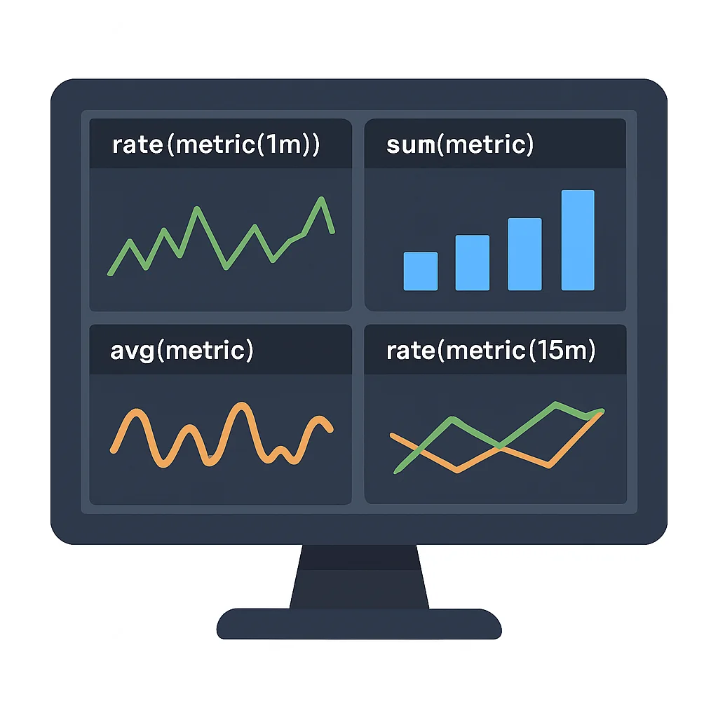 Dashboard de Grafana con múltiples paneles y consultas PromQL