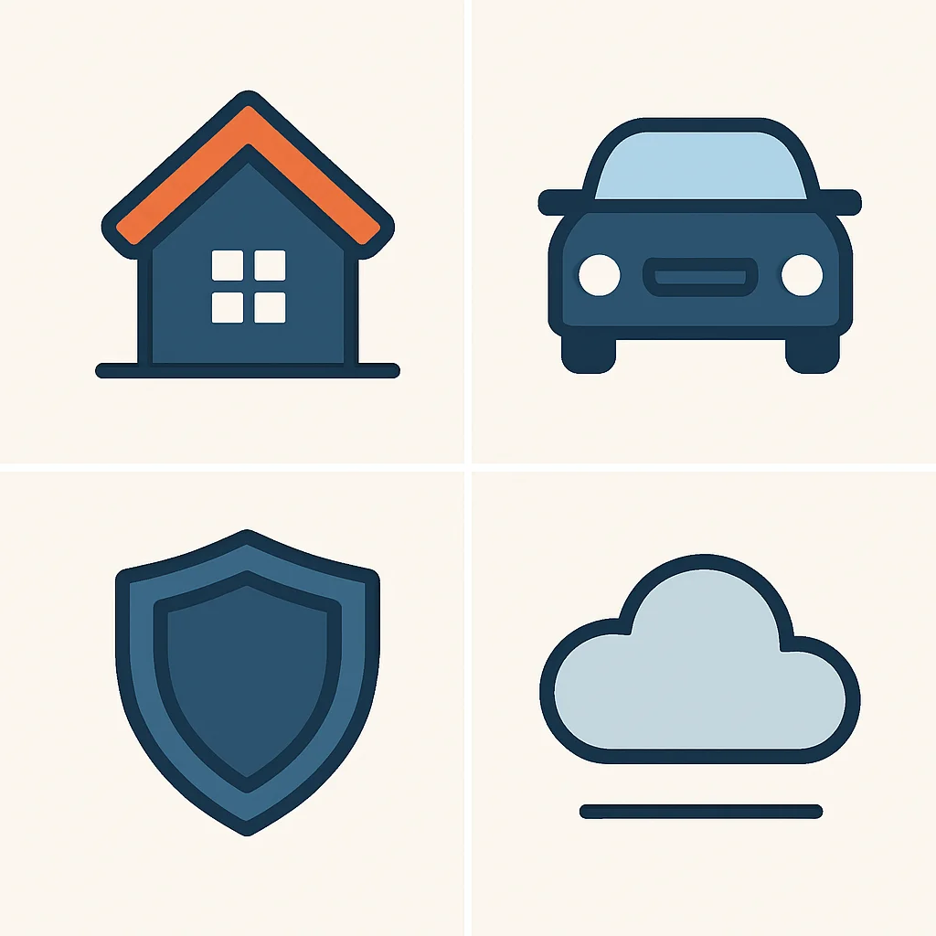 Cuadrícula de iconos de seguros (casa, coche, escudo, nube) representando diferentes tipos de seguros relevantes