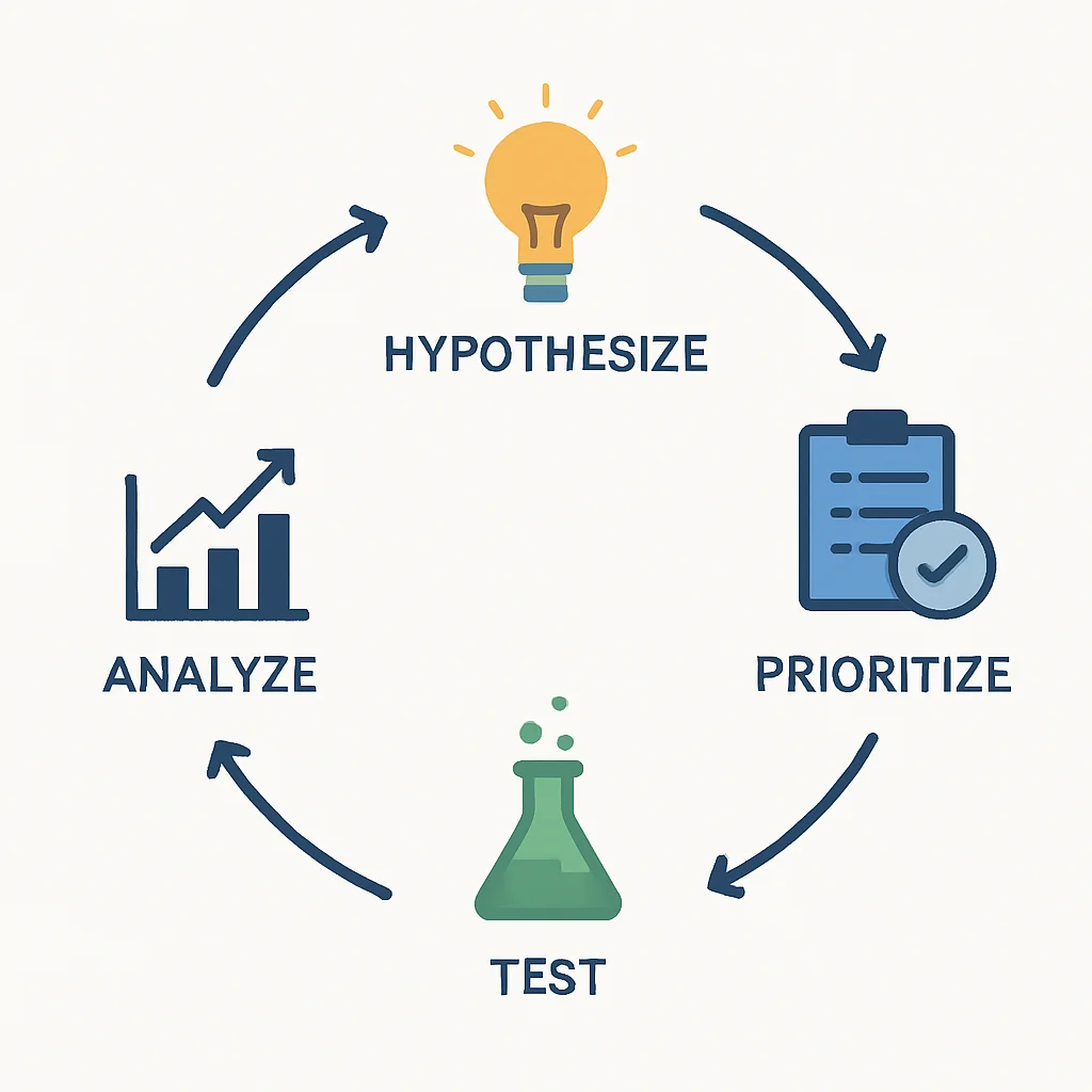 Diagrama del ciclo de experimentos de Growth Hacking (Hipótesis, Priorización, Prueba, Análisis)