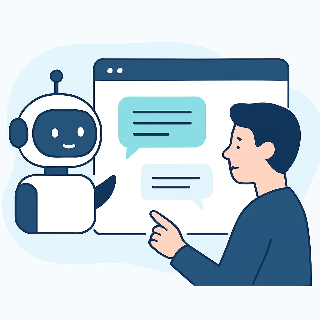 Ilustración de un chatbot de soporte al cliente interactuando con un usuario.