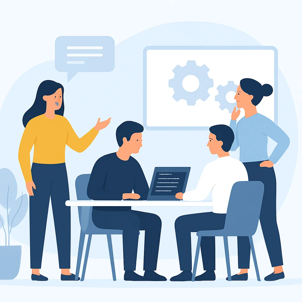 Ilustración de un desarrollador colaborando con un equipo en una oficina moderna, destacando la comunicación y el trabajo en equipo