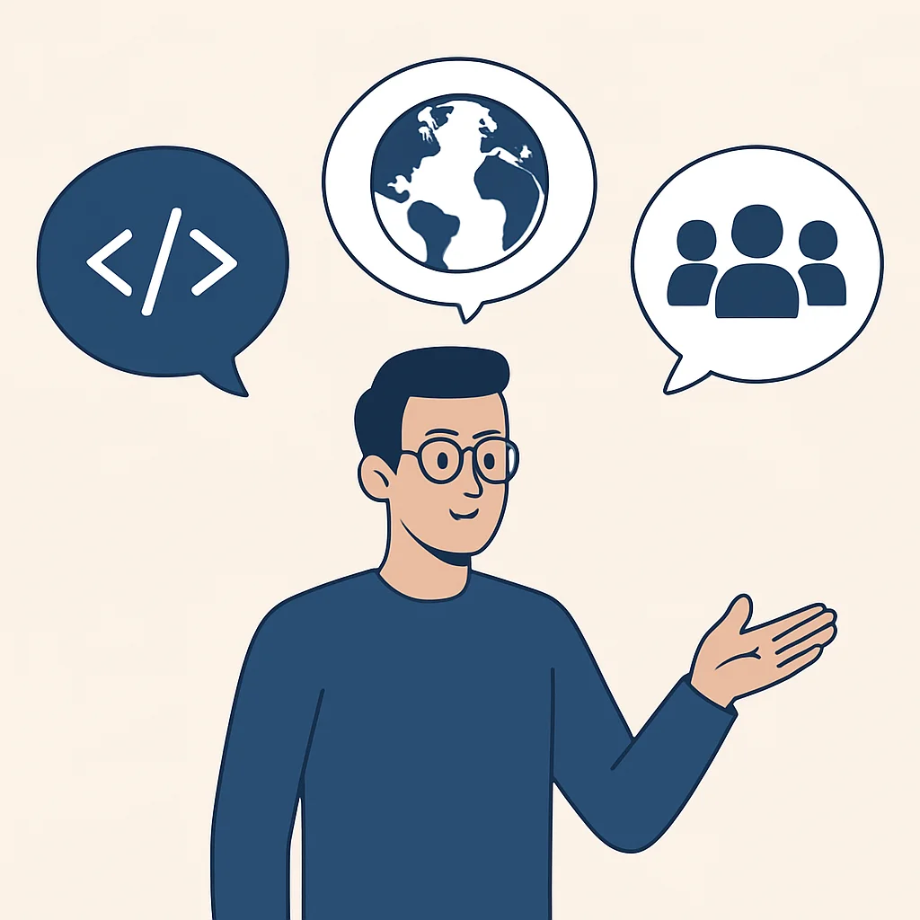 Ilustración de un desarrollador hablando diferentes idiomas con burbujas de pensamiento mostrando código, un mapa global y personas