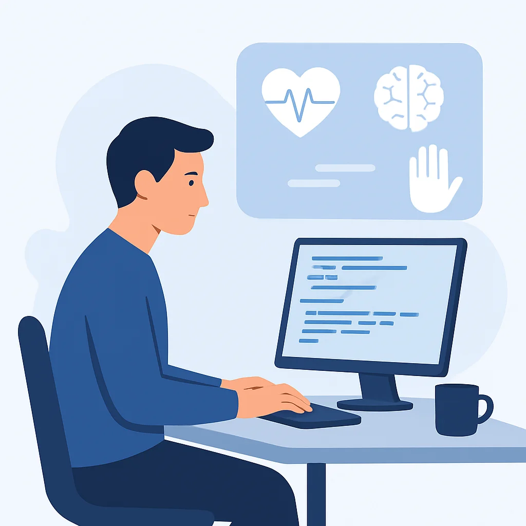 Ilustración de un desarrollador en un escritorio con iconos de salud (corazón, cerebro, mano)