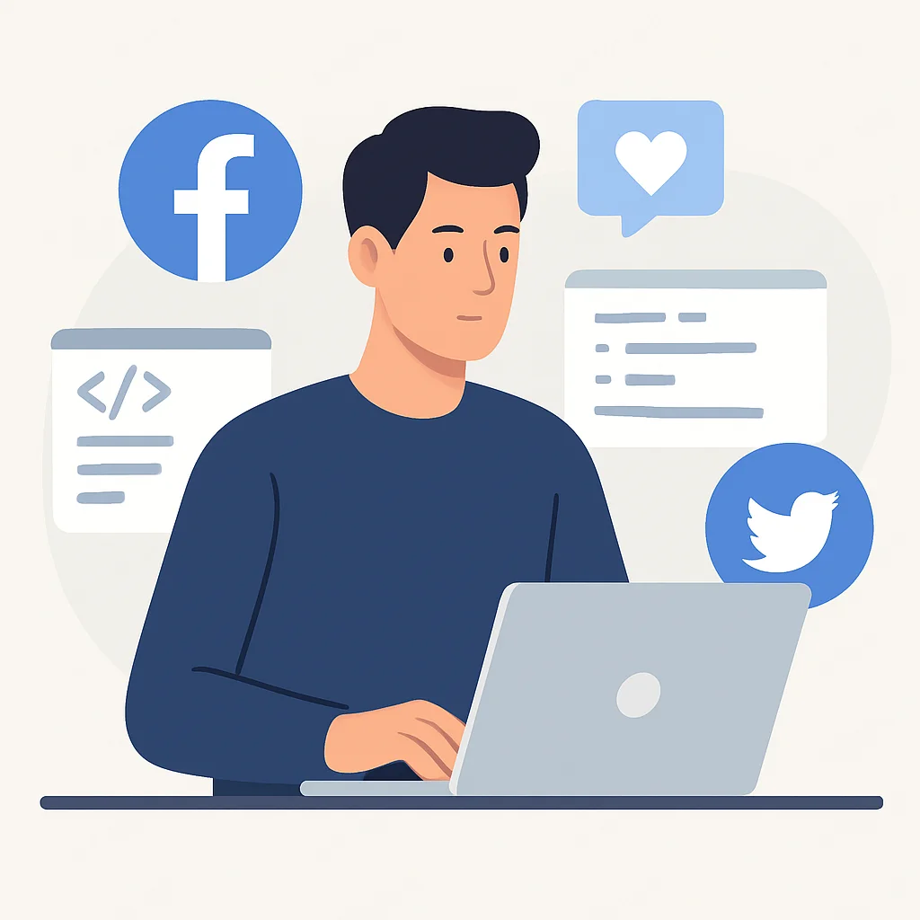 Ilustración de un desarrollador en un portátil con iconos de redes sociales y fragmentos de código, simbolizando el networking online.