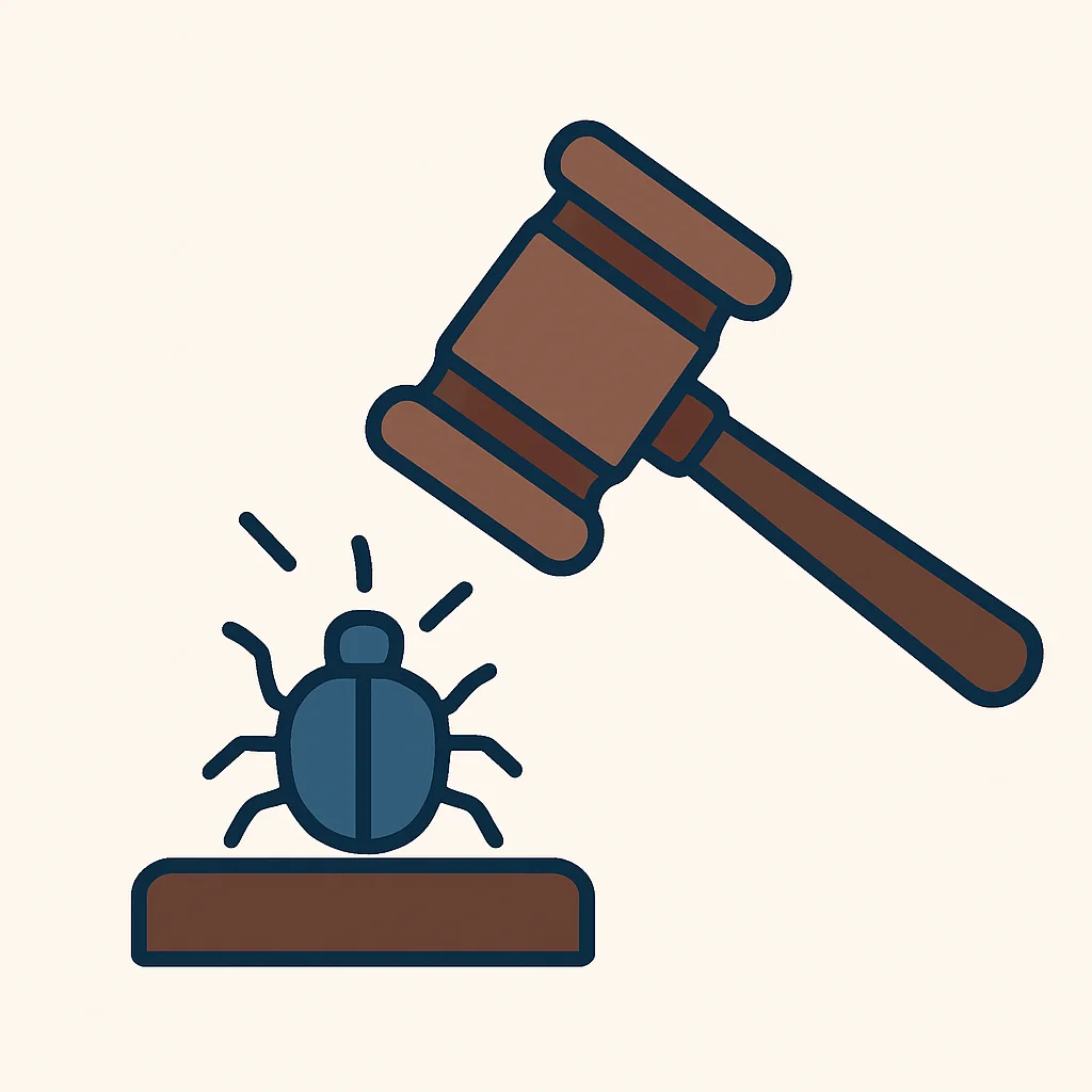 Ilustración de un mazo legal golpeando un error de código, simbolizando la responsabilidad profesional