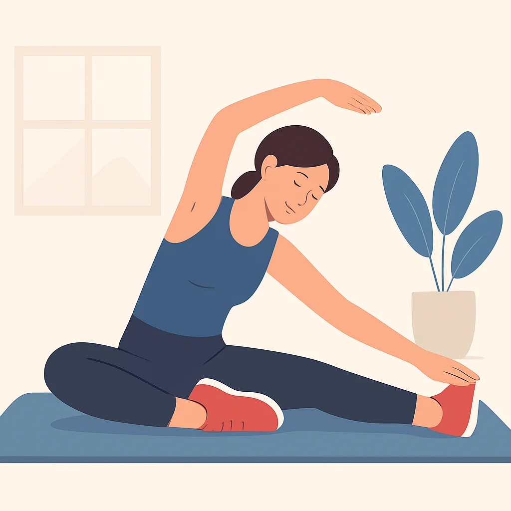 Ilustración de una persona estirándose después de un entrenamiento, enfocándose en la flexibilidad