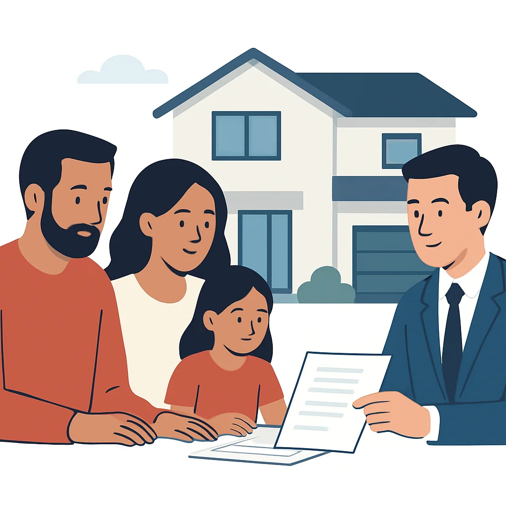 Familia española revisando documentos hipotecarios con un asesor financiero y una casa moderna de fondo