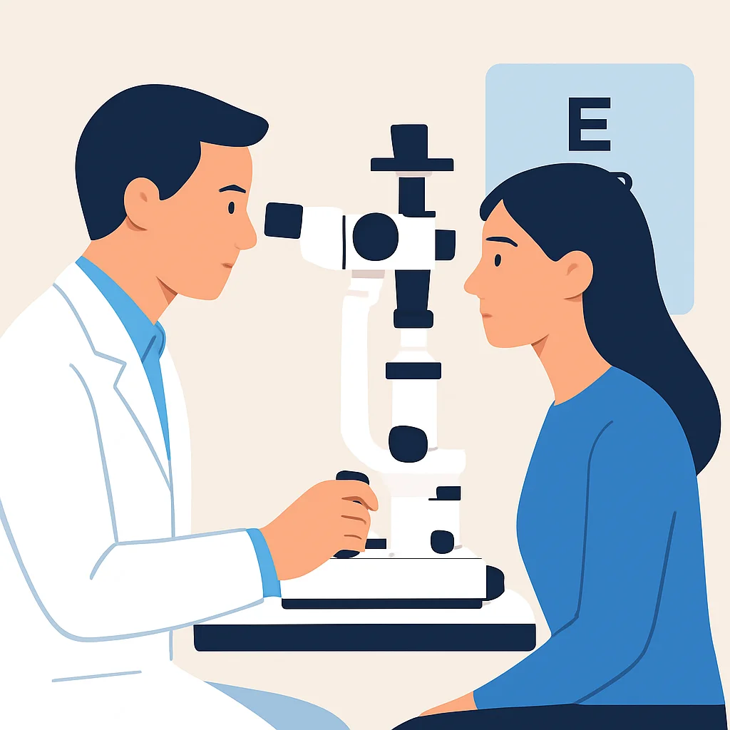 Ilustración de un oculista realizando un examen de rutina a un paciente