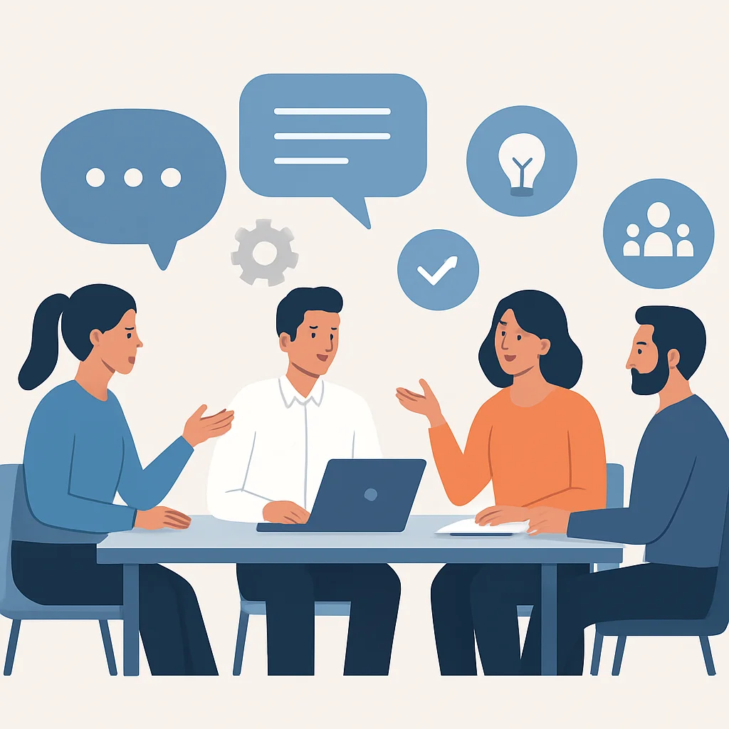 Ilustración de personas comunicándose eficazmente en una reunión de equipo, con burbujas de diálogo y símbolos de colaboración.