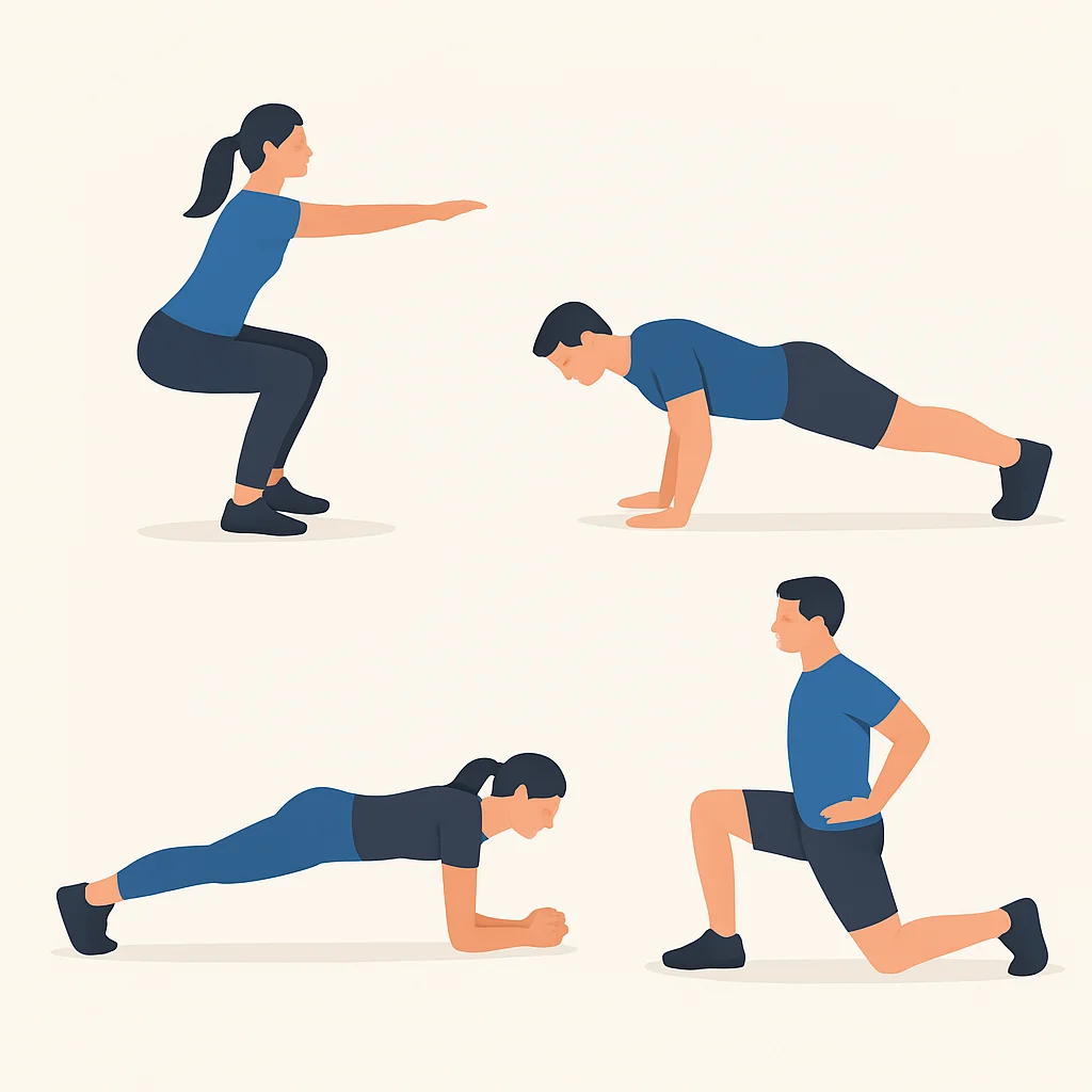 Ilustración de ejercicios básicos de peso corporal como sentadillas, flexiones, planchas y zancadas