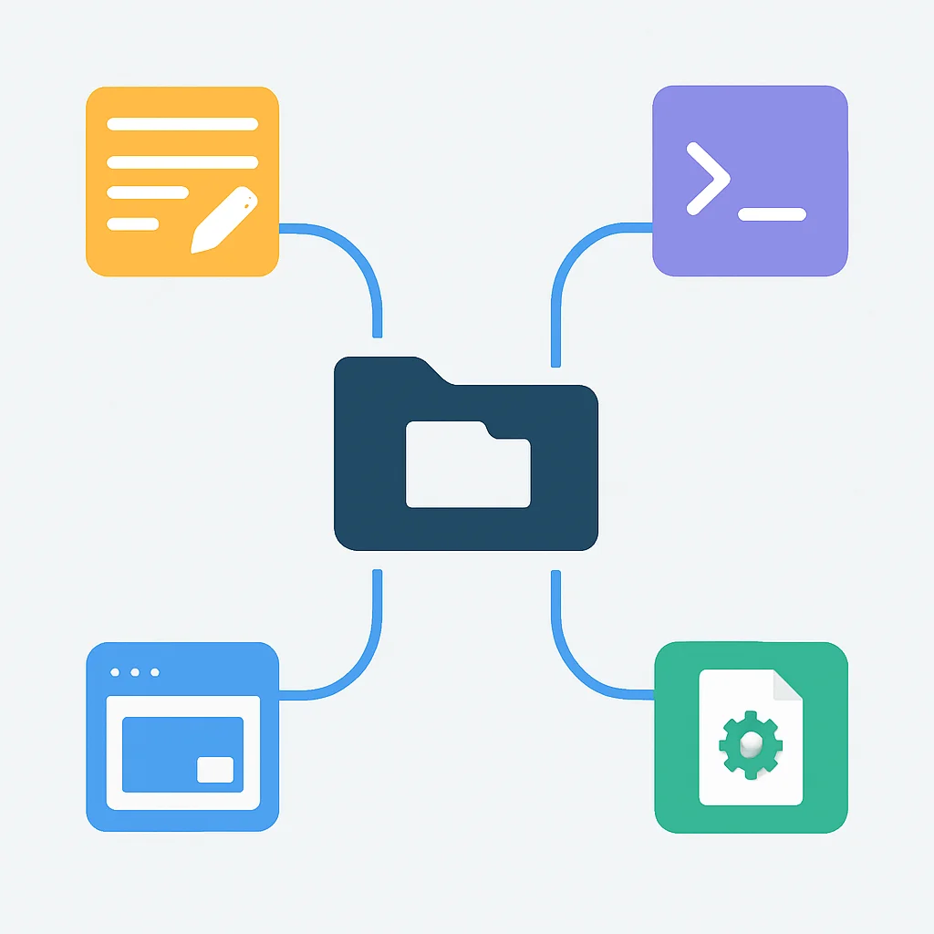 Ilustración de enlaces simbólicos conectando un repositorio central de dotfiles a varias rutas de configuración de aplicaciones