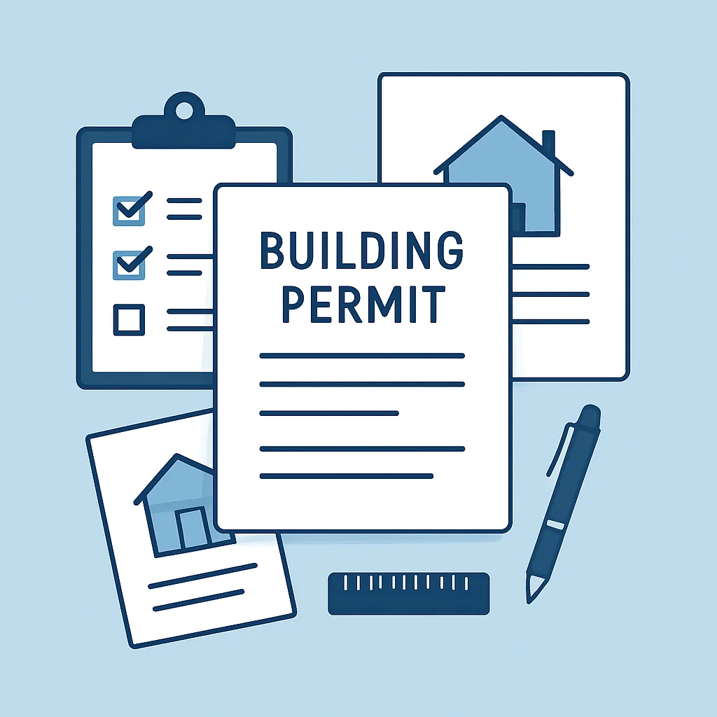 Ilustración de varios documentos requeridos para una solicitud de permiso de construcción