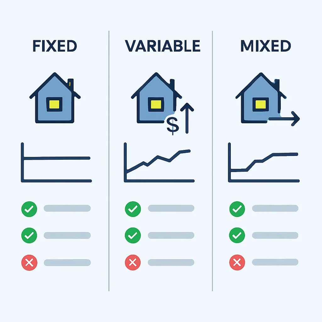 Infografía comparando hipotecas de tipo fijo, variable y mixto con sus pros y contras