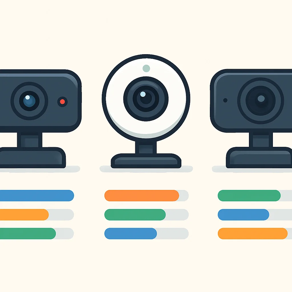 Infografía comparando características clave de tres webcams, resaltando sus puntos fuertes