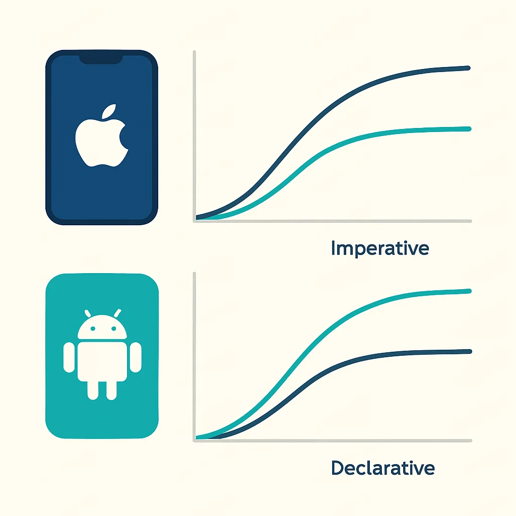 Infografía comparando la curva de aprendizaje entre el desarrollo UI imperativo y declarativo para iOS y Android