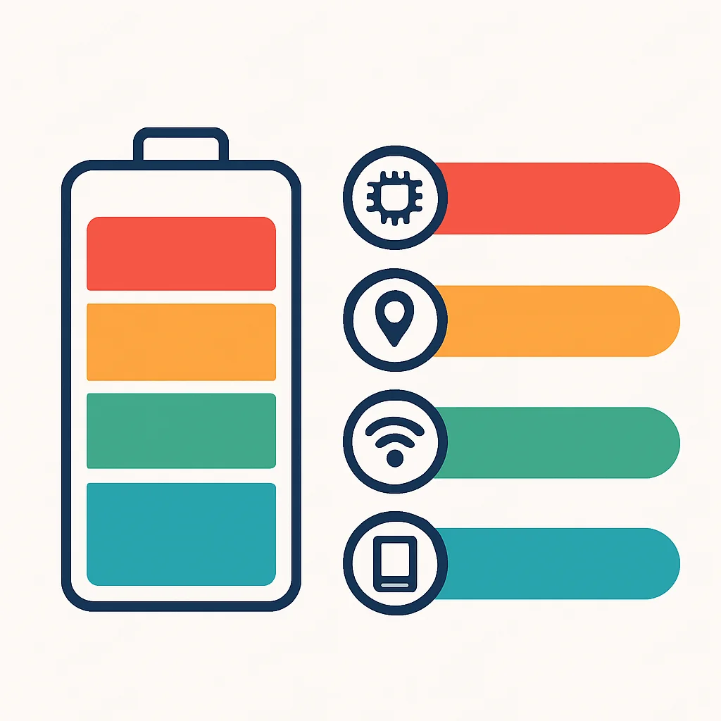 Infografía mostrando el consumo de batería por componentes de la aplicación (CPU, GPS, Red, Pantalla)