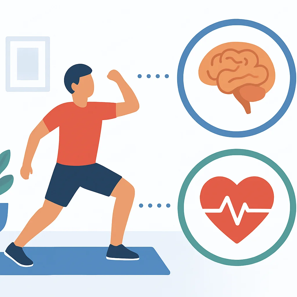 Infografía mostrando los beneficios del ejercicio en casa para la salud cerebral y el bienestar físico