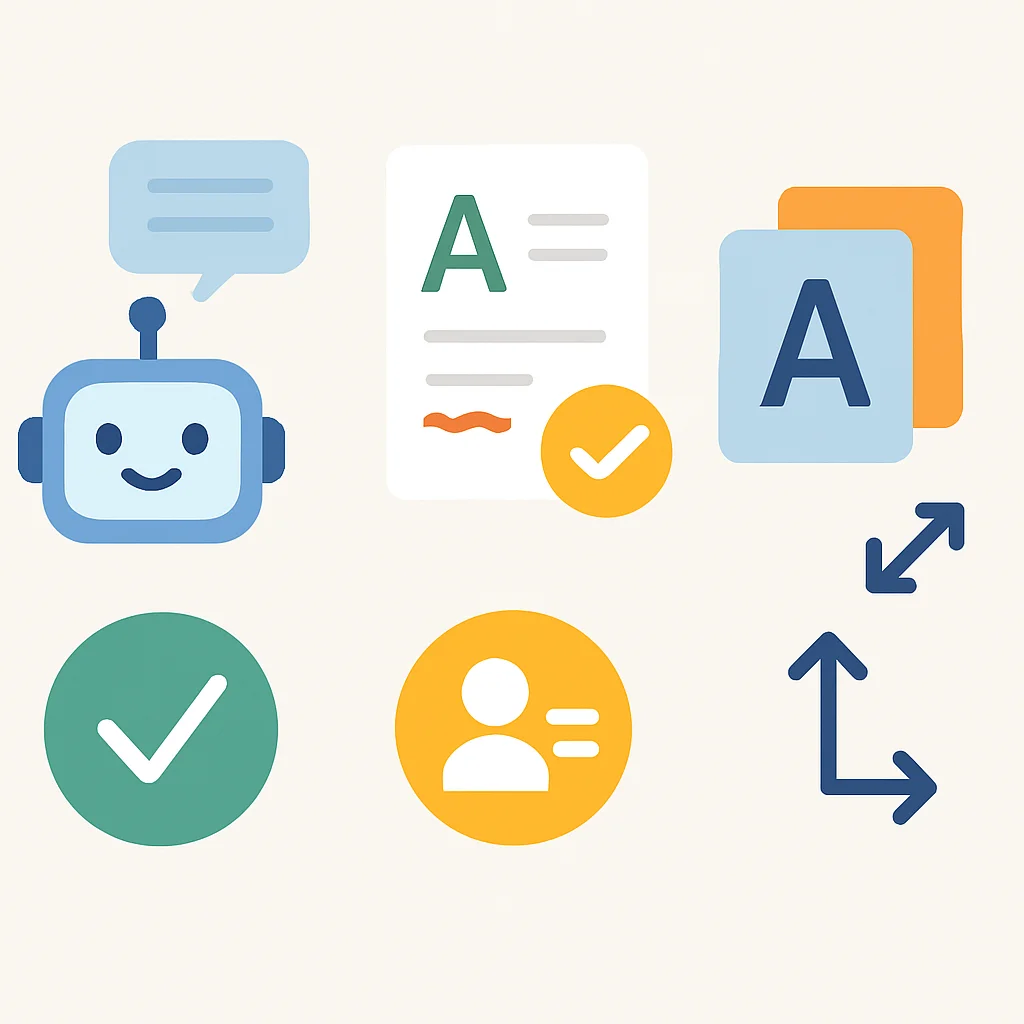 Infografía mostrando diferentes tipos de herramientas de idiomas con IA (chatbots, correctores gramaticales, flashcards) y sus beneficios