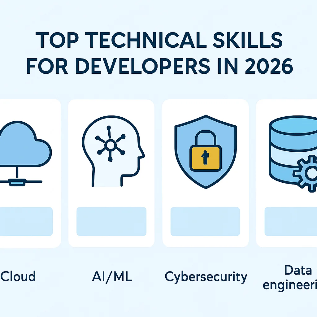 Infografía mostrando las principales habilidades técnicas para desarrolladores en 2026, incluyendo nube, IA/ML, ciberseguridad e ingeniería de datos.