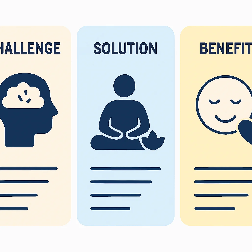 Infografía con tres columnas: Desafío, Solución y Beneficio para superar obstáculos comunes del mindfulness