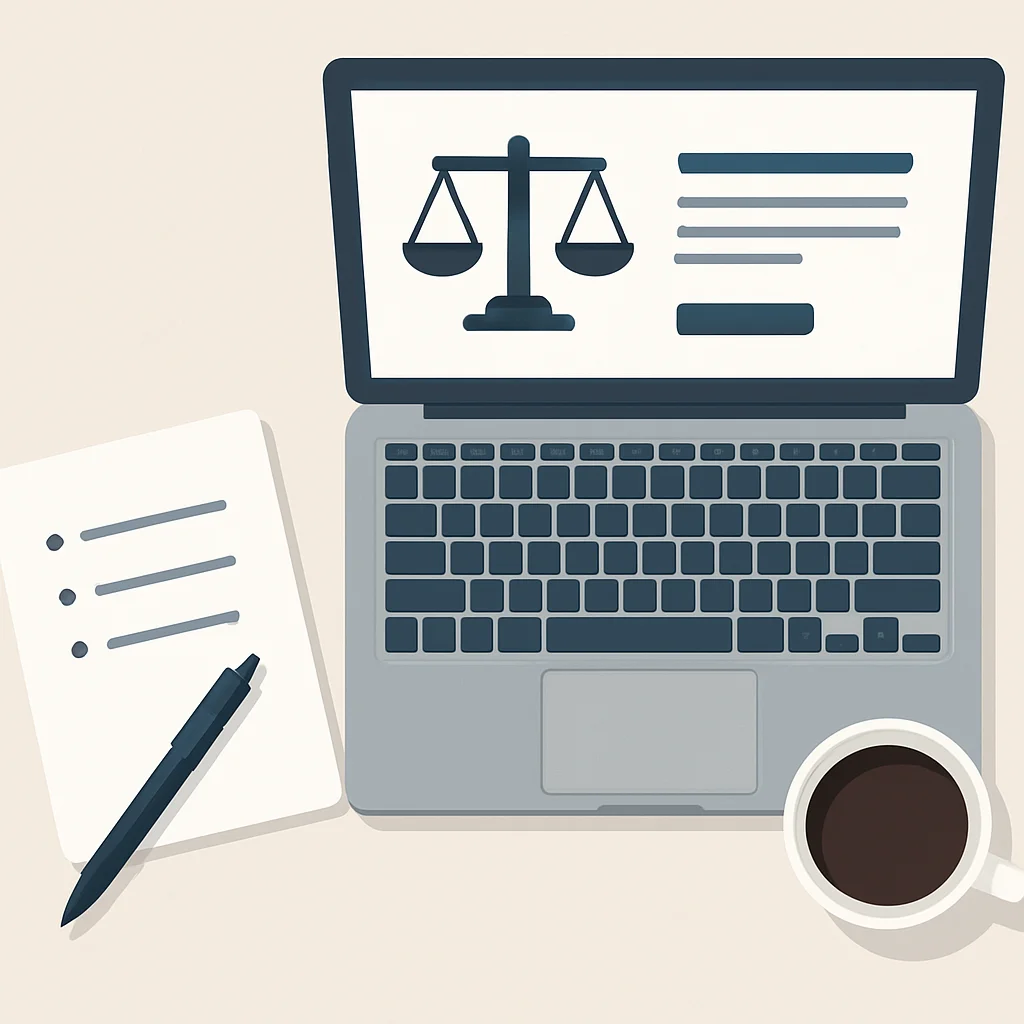 Vista aérea de un escritorio con un portátil mostrando una web legal y un bloc de notas con puntos clave