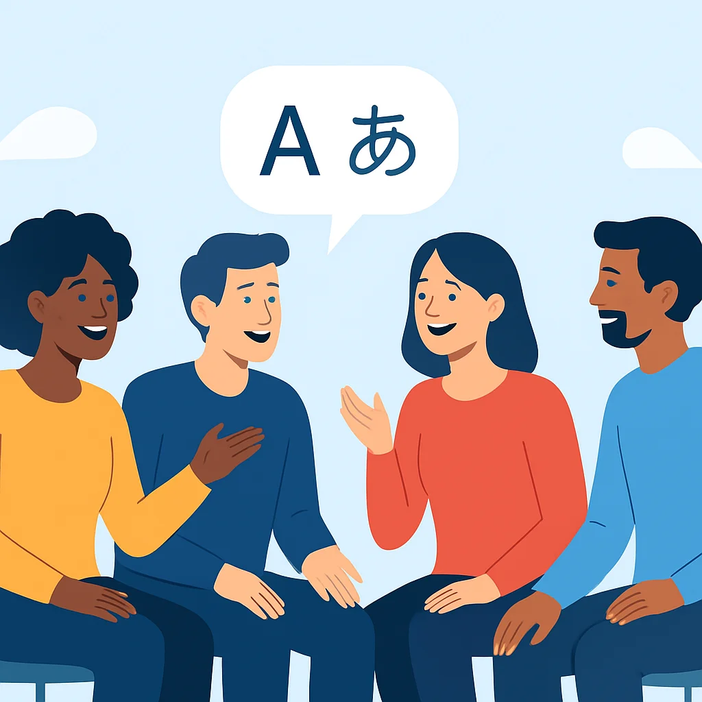 Personas en un grupo de intercambio de idiomas, riendo y hablando, simbolizando comunidad y aprendizaje compartido