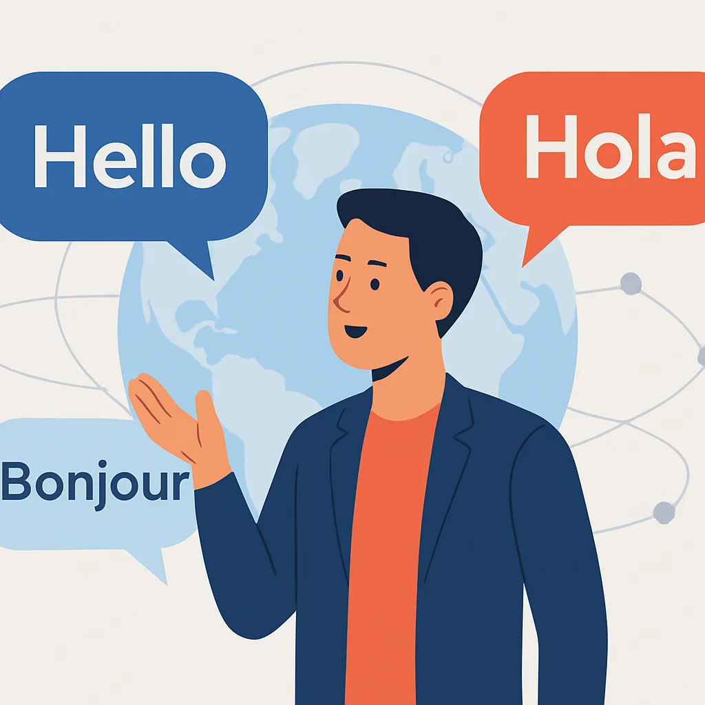 Persona hablando varios idiomas con confianza en un entorno global interconectado
