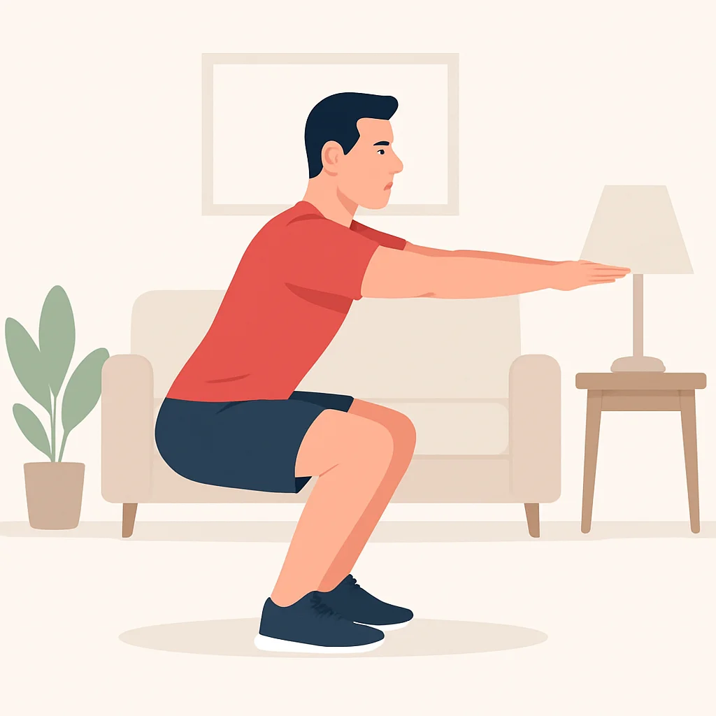 Persona demostrando una sentadilla con forma perfecta en un entorno doméstico