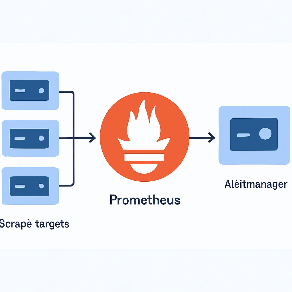 Diagrama de arquitectura de Prometheus con objetivos de scrapeo, exporters y Alertmanager