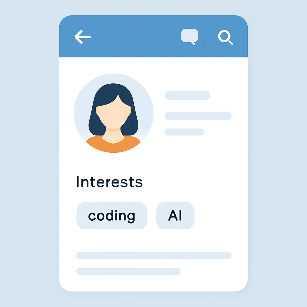 Captura de pantalla del perfil de una aplicación de intercambio de idiomas con intereses compartidos como 