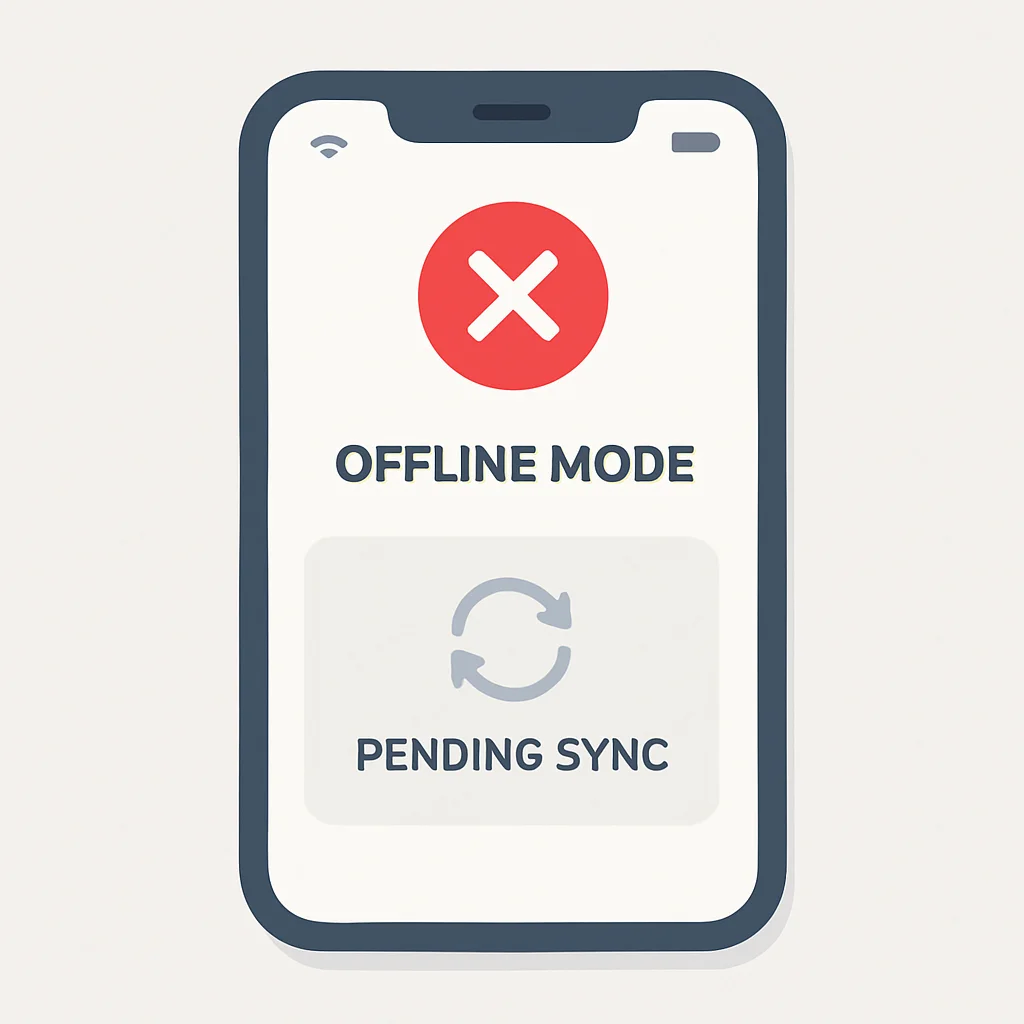 Captura de pantalla de la interfaz de usuario de una aplicación móvil mostrando un indicador de modo offline y estado de sincronización pendiente
