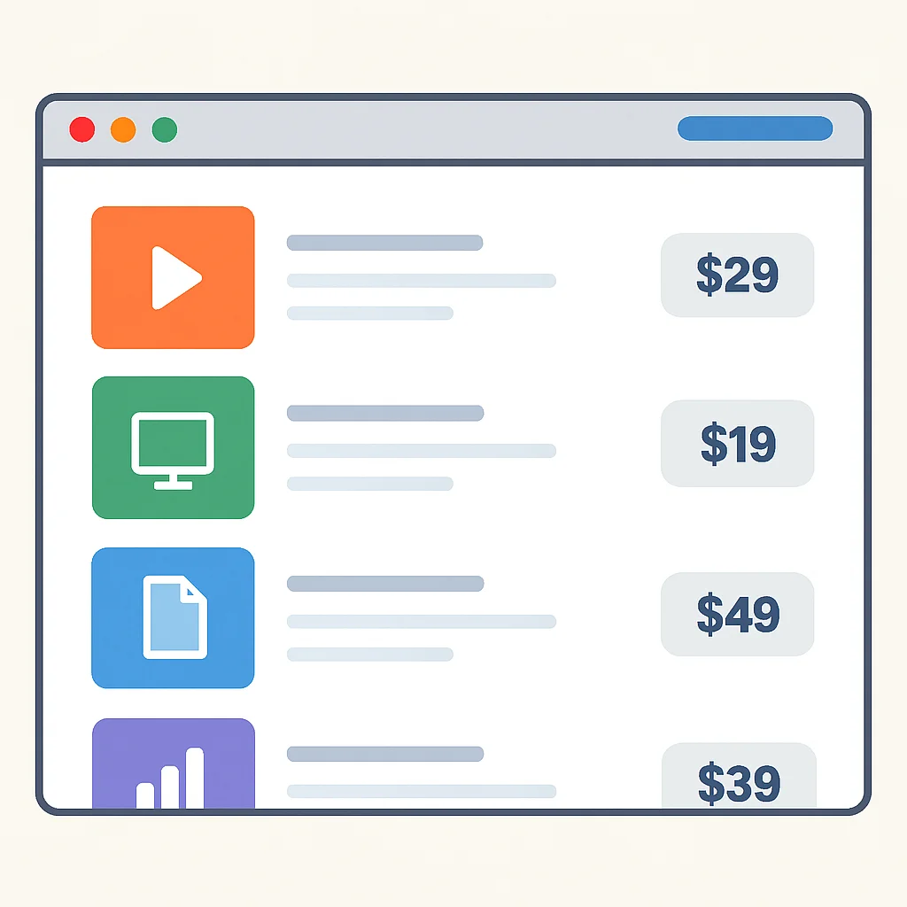 Captura de pantalla de un marketplace de productos digitales popular como Gumroad o Udemy, mostrando listados de productos