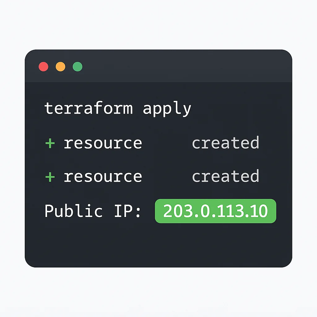 Captura de pantalla de la salida de terraform apply mostrando la creación de recursos y la IP pública