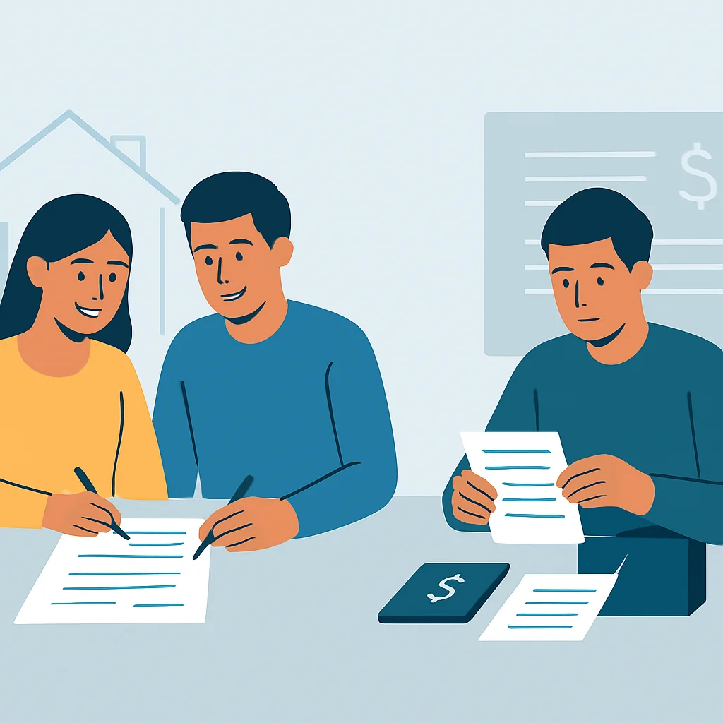 Dos ilustraciones contrastantes: una de una pareja feliz firmando documentos hipotecarios, otra de una persona organizando diligentemente documentos financieros