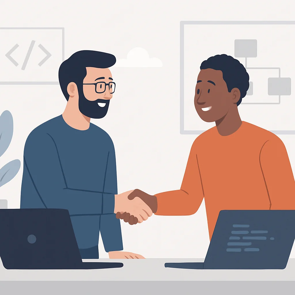 Dos desarrolladores dándose la mano y sonriendo en una oficina colaborativa, enfatizando la conexión genuina y el respeto mutuo.