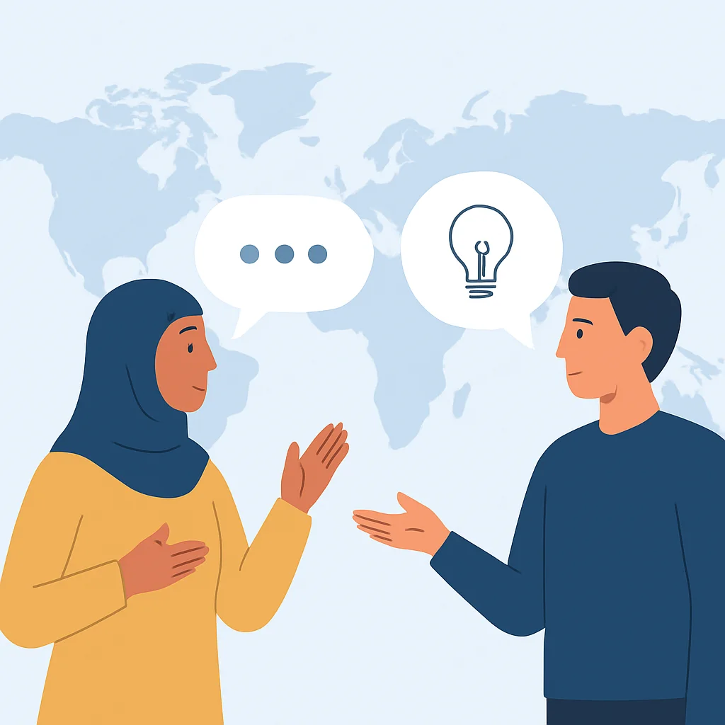 Dos personas de diferentes culturas intercambiando ideas, con un mapa mundial de fondo, representando el intercambio cultural