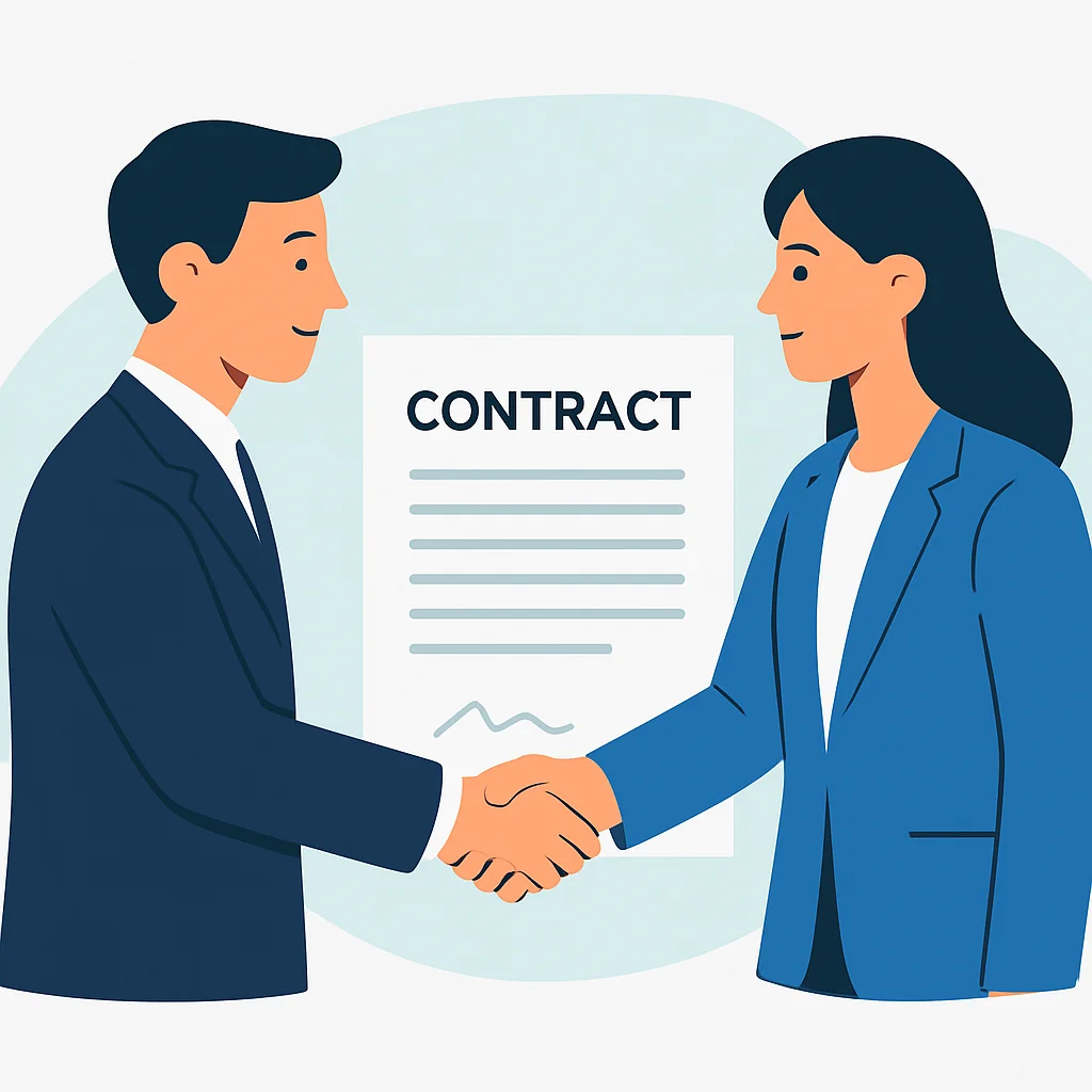 Dos personas dándose la mano sobre un contrato, simbolizando una negociación exitosa.