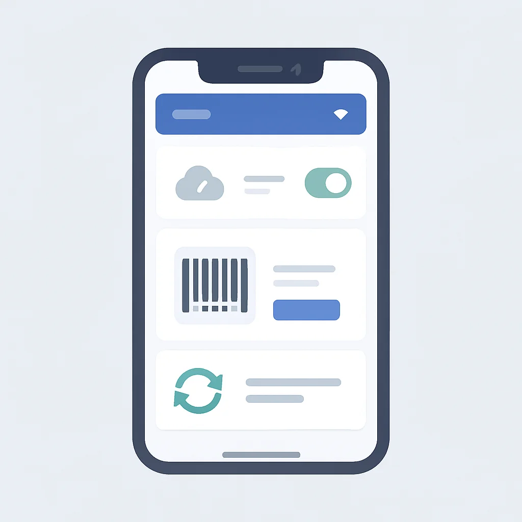 Mockup de la interfaz de usuario de una aplicación móvil de gestión de inventario mostrando capacidades offline, escaneo de productos y estado de sincronización