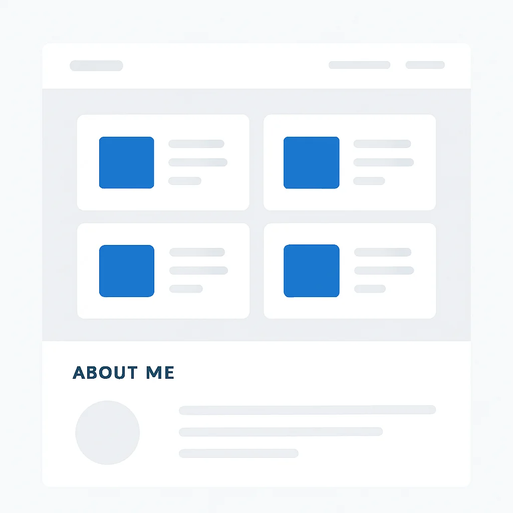 Wireframe o mockup de un sitio web de portfolio de desarrollador limpio y minimalista mostrando tarjetas de proyectos y una sección 